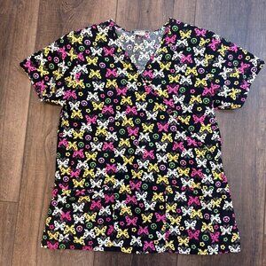 Butterfly‎ Floral Scrub Top Small Uniform Destination Cotton  Multicolor Pockets